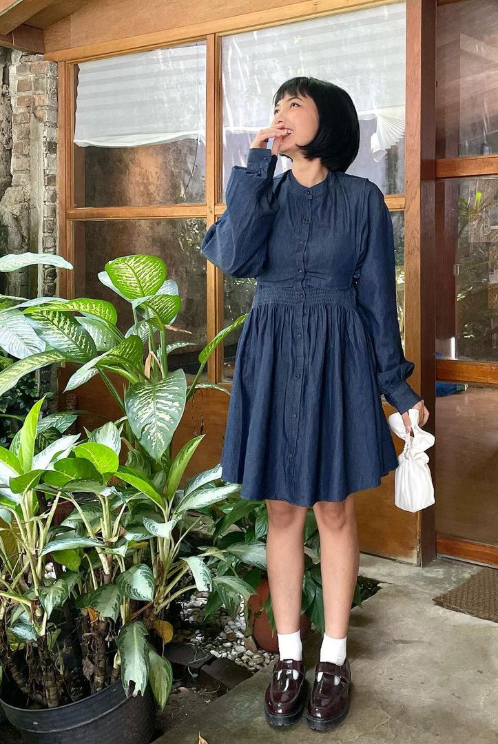 Denim Dress Delwyn Denim Shirring Mini OP - Styling by Bella Anesha