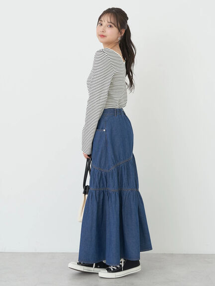 Fuyuka Denim Asymmetric Tiered Skirt - Earth, Music & Ecology