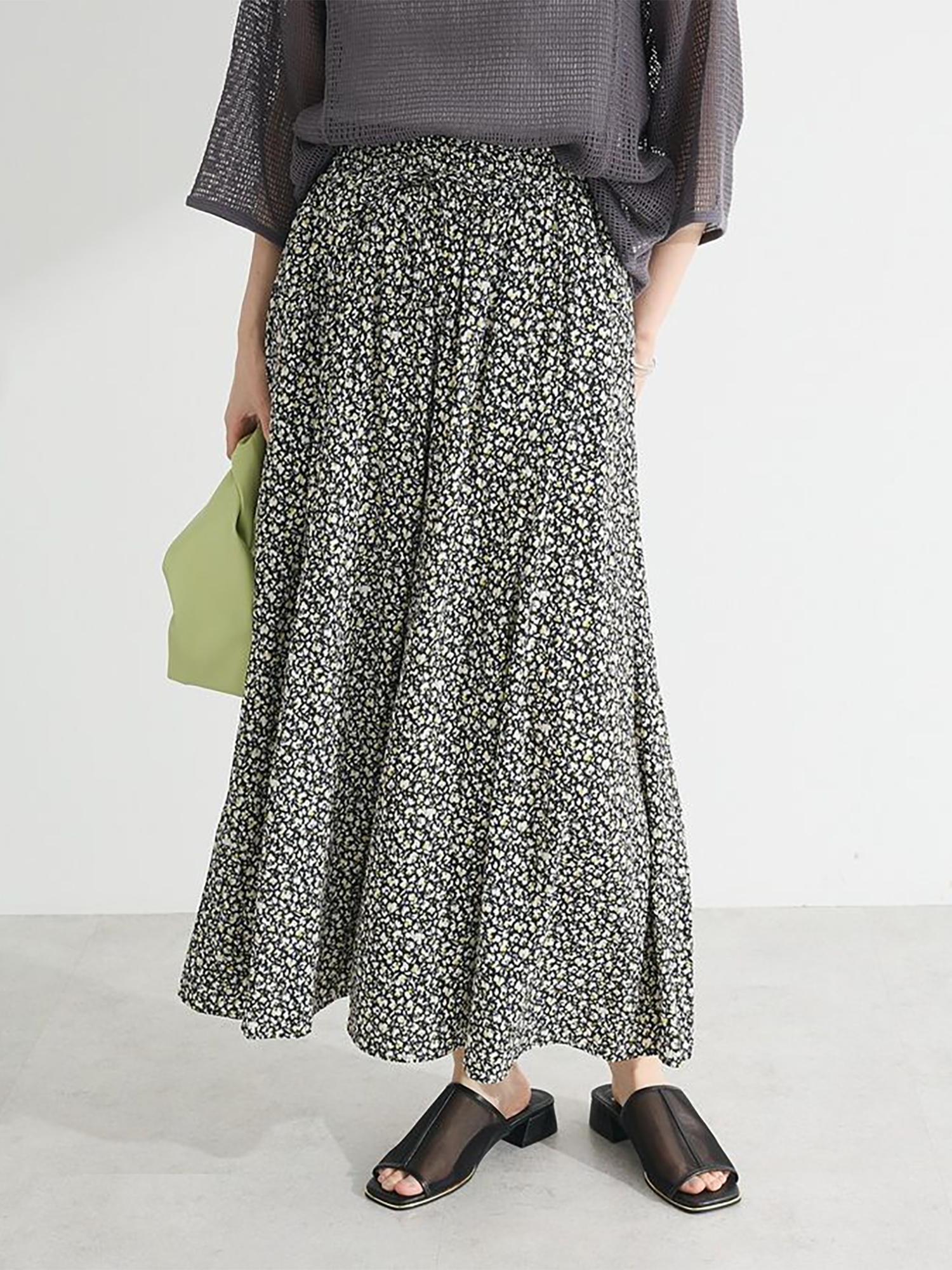Oshibe Pattern Wide Pants - Flower - Green Parks