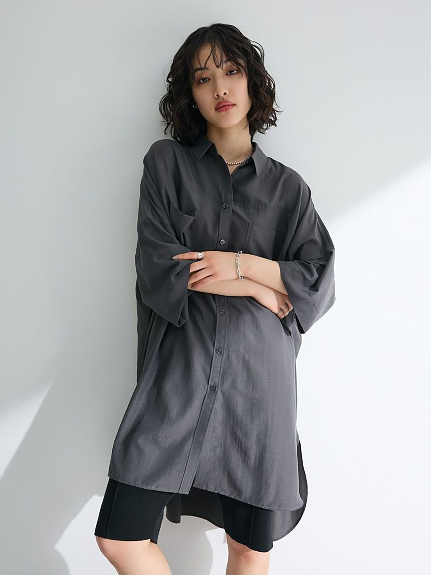 Kasumisou Midi Shirt Dress - Charcoal Gray - Green Parks