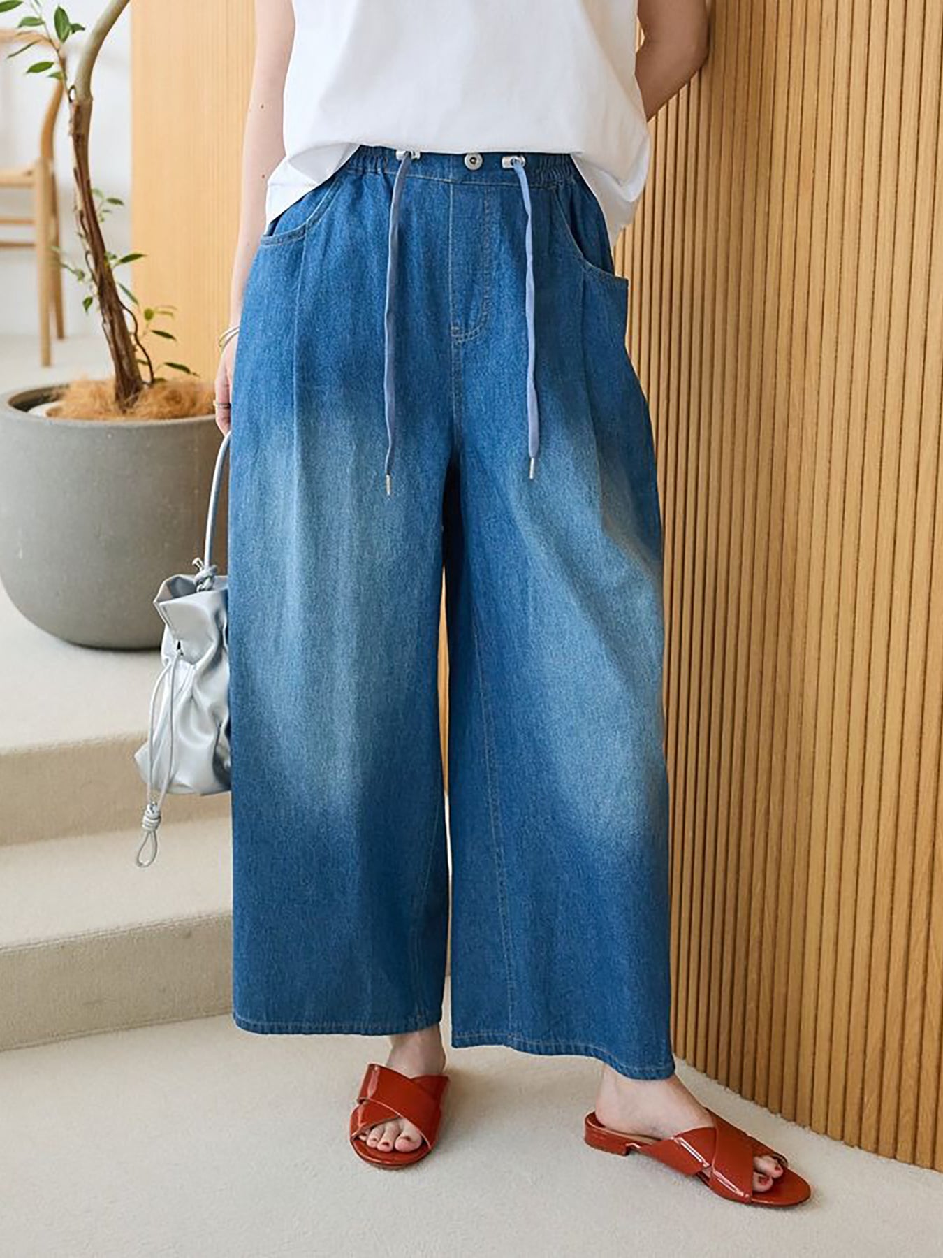 Kinmokusei Wide Leg Denim Pants - Indigo - Green Parks