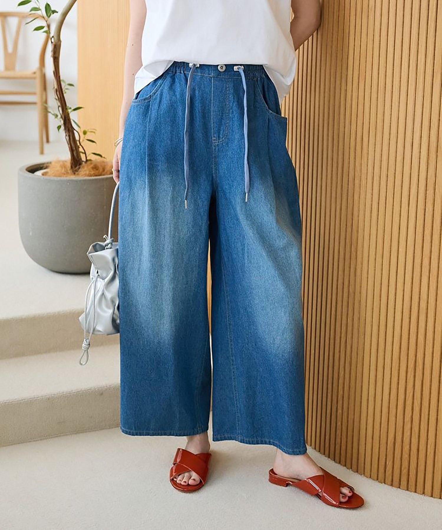 Kinmokusei Wide Leg Denim Pants - Indigo - Green Parks