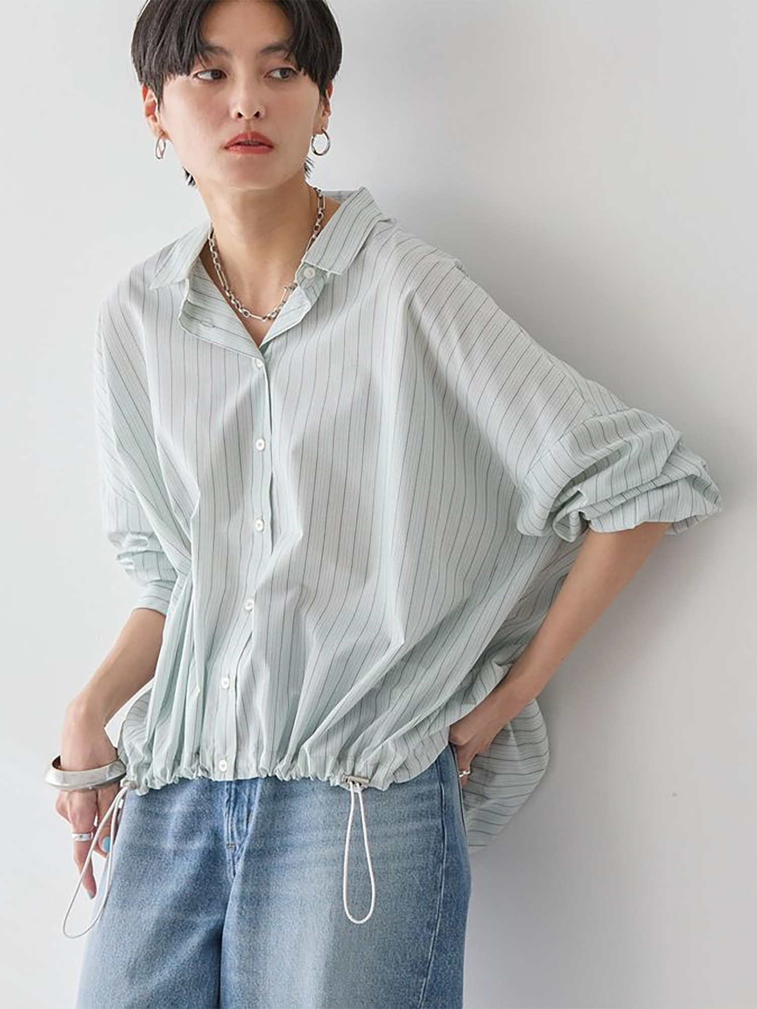 Katsura Drawcord Shirt - Stripe Green - American Holic