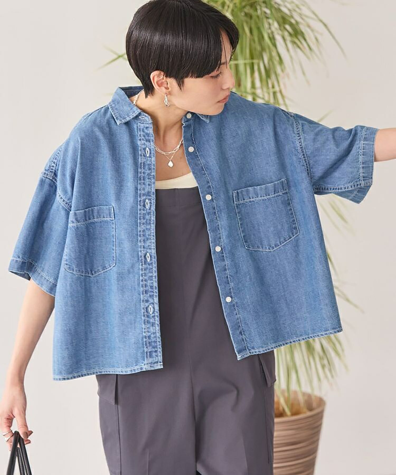 Ogata Denim Cropped Shirt - Black - American Holic