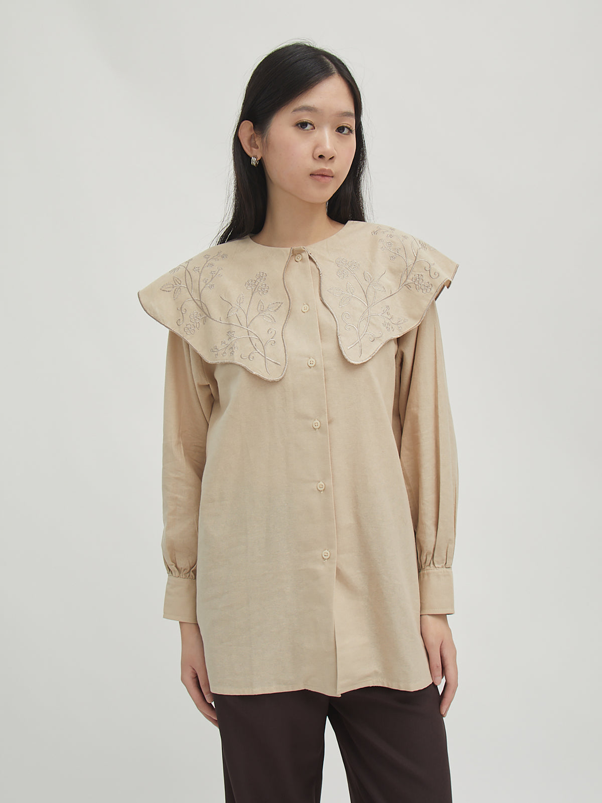 Noura Embroidery Collar Blouse - Beige - Velvet at Bobo