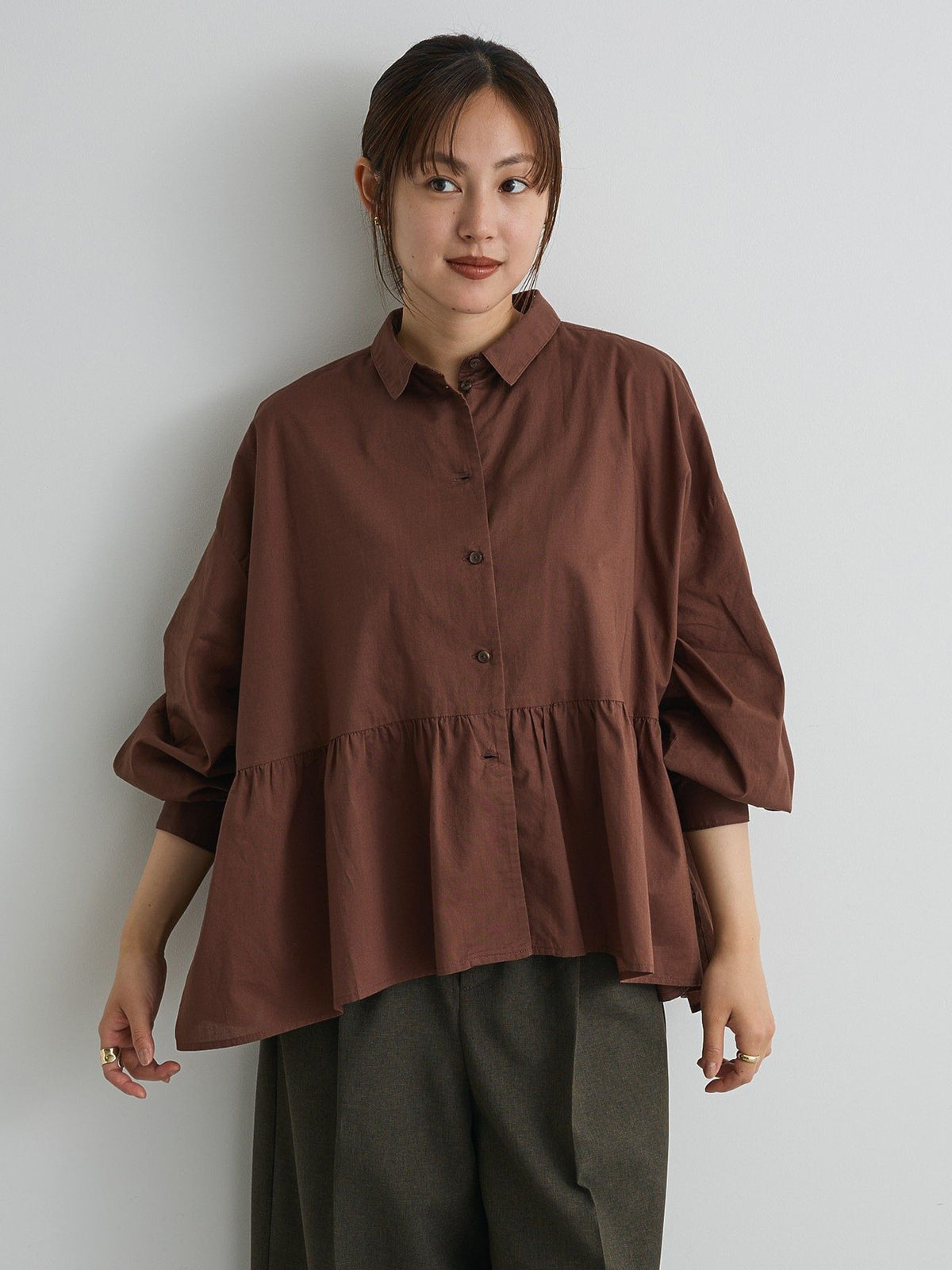 Bobo Tokyo Craft Standard Boutique Shion Peplum Long Sleeve Blouse Brown Blouse Wanita