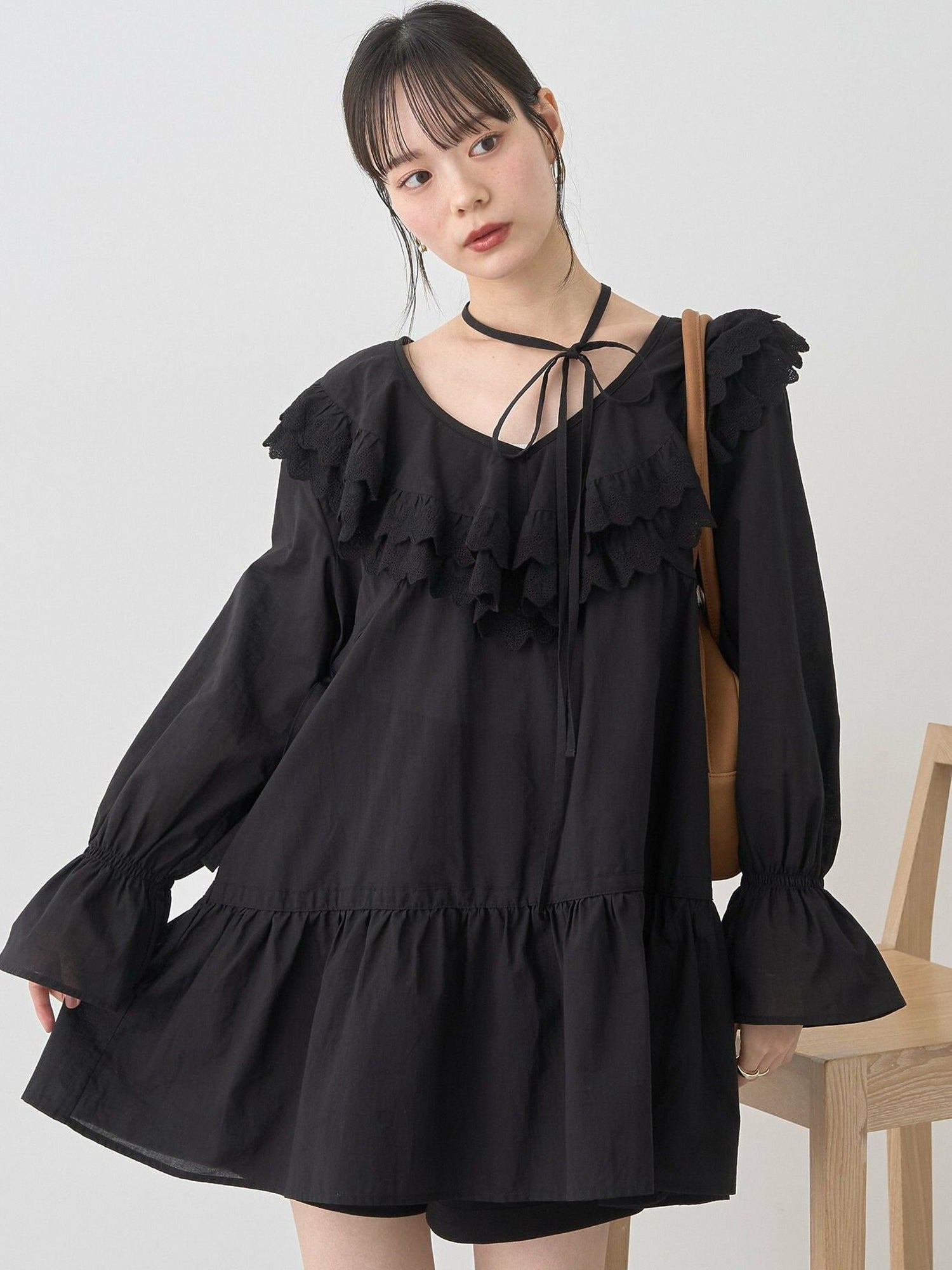 Mizuki Ribbon Ruffle Mini Dress - Black - Earth Music & Ecology
