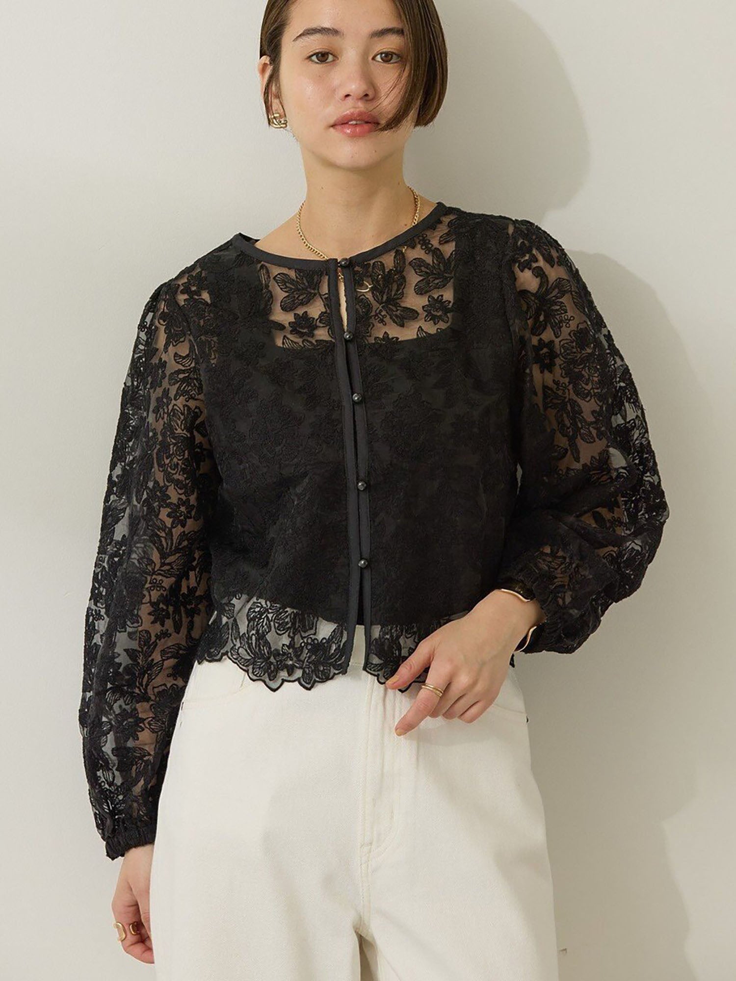 Akaeda 2-Way Sheer Lace Blouse - Black - American Holic