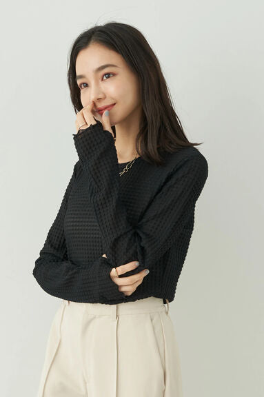 Model baju atasan wanita Avege Sheer Crew Neck Pullover Bobo Tokyo