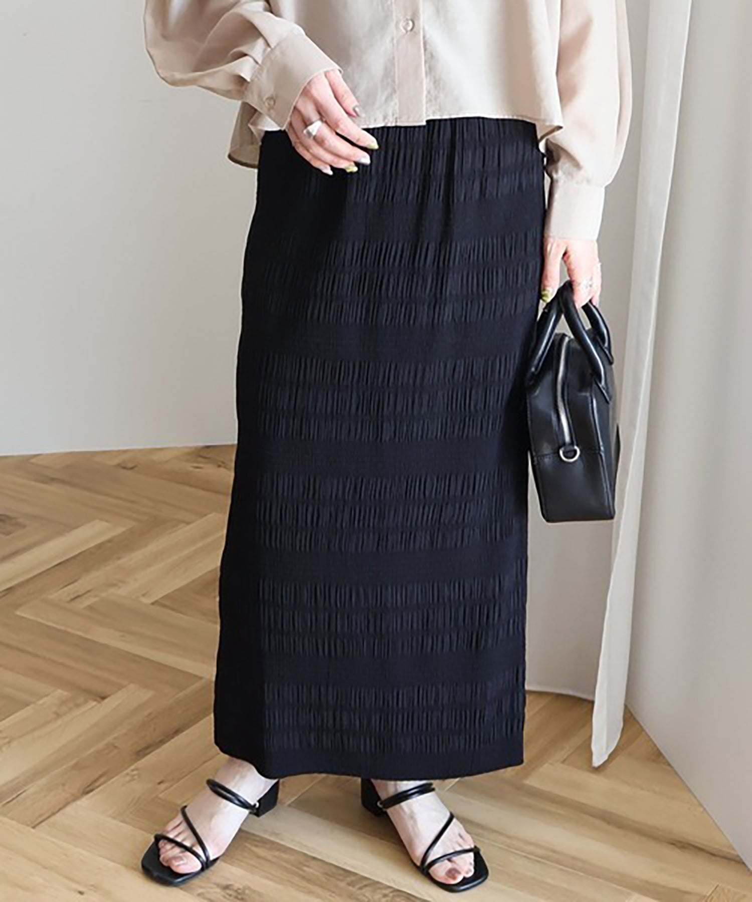 Kuwazu Shirred Straight Skirt - Black - American Holic