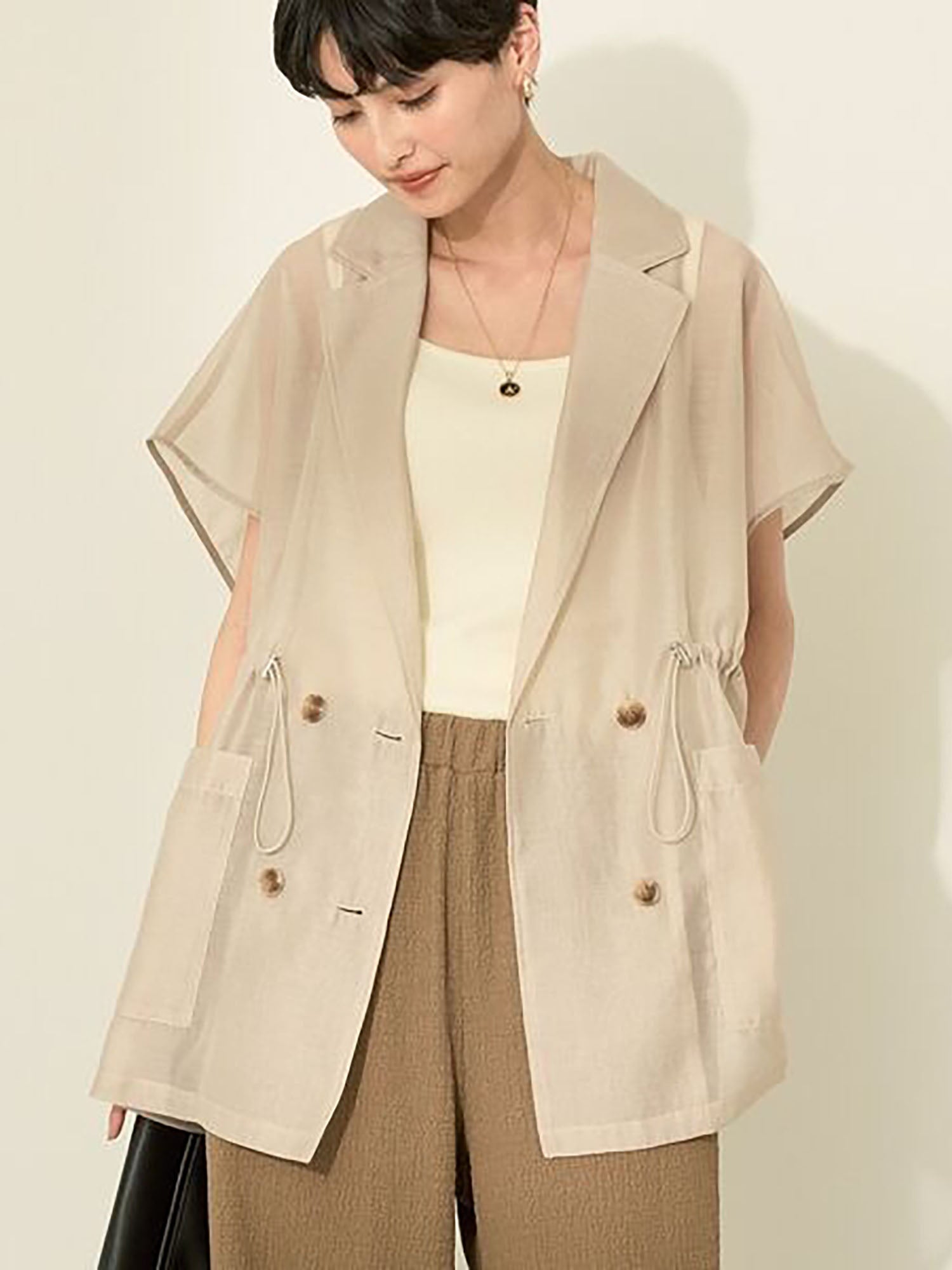 Enrai Sheer Tailored Vest - Beige - American Holic