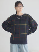 Bobo Tokyo Earth Music & Ecology Saori Check Jacquard Knit Pullover Check Brown Sweater Wanita