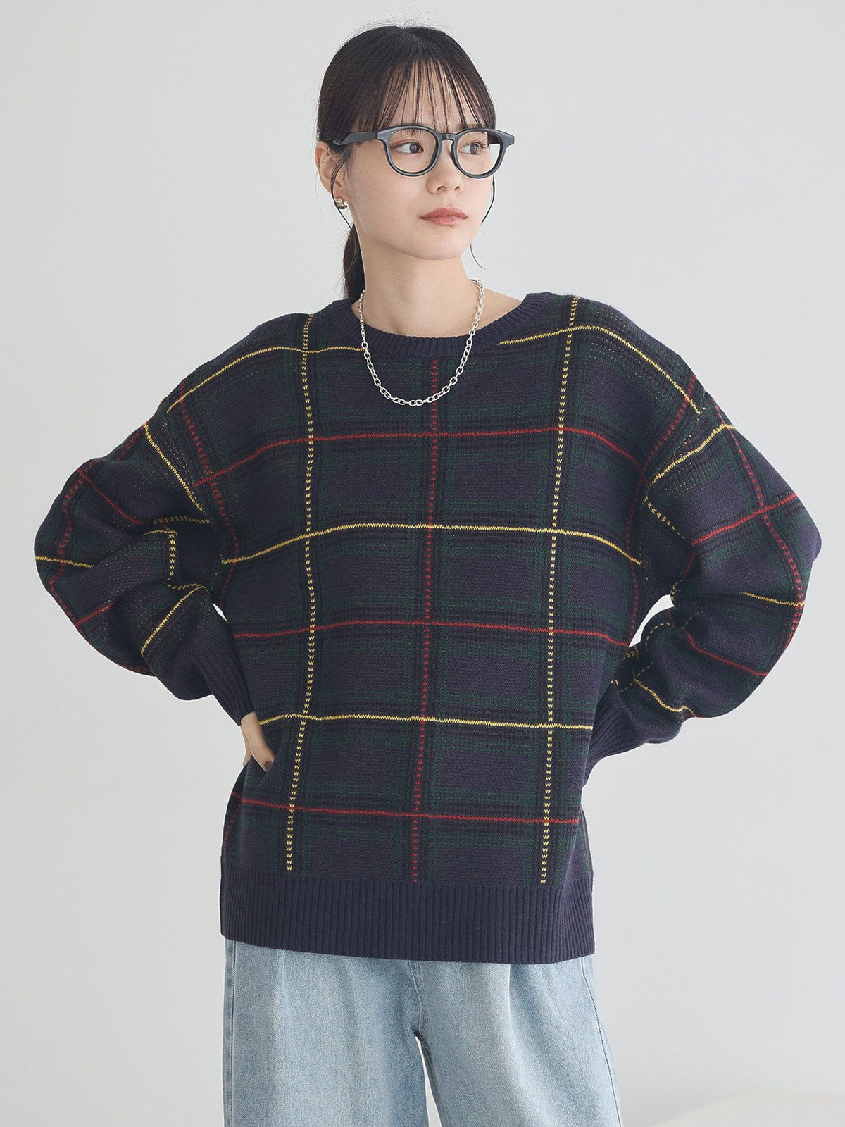 Bobo Tokyo Earth Music & Ecology Saori Check Jacquard Knit Pullover Check Brown Sweater Wanita